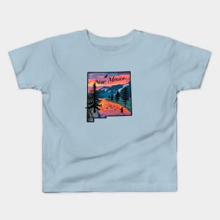 Fly Fishing New Mexico State Map Mountain Sunset River Retro Kids T-Shirt